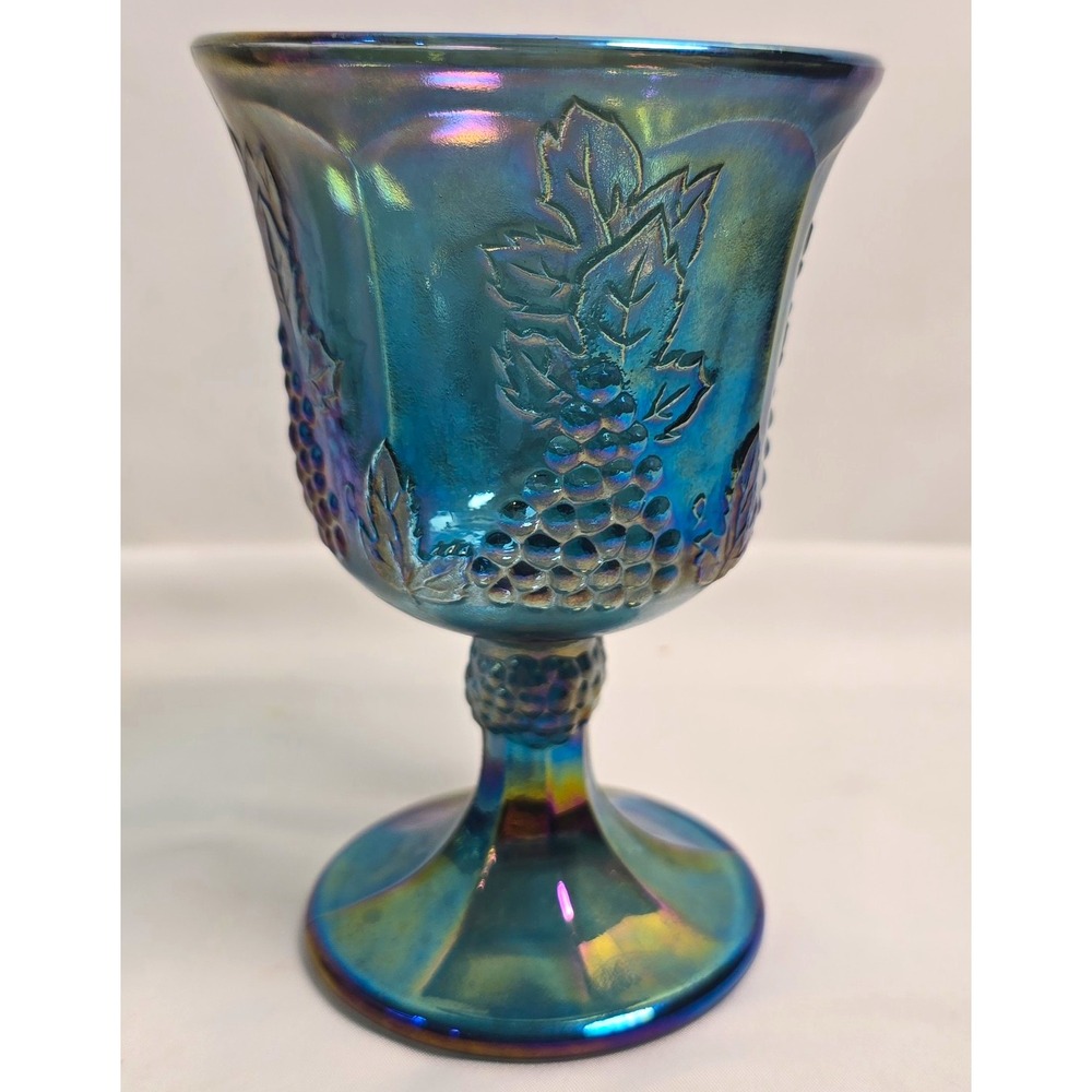 Blue Iridescent Carnival Glass Goblet, Grape & Leaf Pattern-gold trim fading